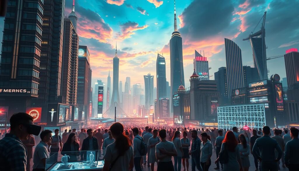A bustling futuristic city skyline, with towering skyscrapers and gleaming spires reaching towards a vibrant, neon-lit sky. In the foreground, a group of people collaborating on cutting-edge virtual reality and augmented reality technologies, their faces illuminated by the glow of holographic displays. In the middle ground, a team of visual effects artists manipulating 3D models and digital environments, their hands moving with precision and purpose. In the background, a sprawling complex of advanced motion capture studios, data centers, and research facilities, all working in harmony to push the boundaries of what is possible in the world of visual effects. The scene is imbued with a sense of energy, innovation, and limitless potential, capturing the thrilling future of VFX employment opportunities.