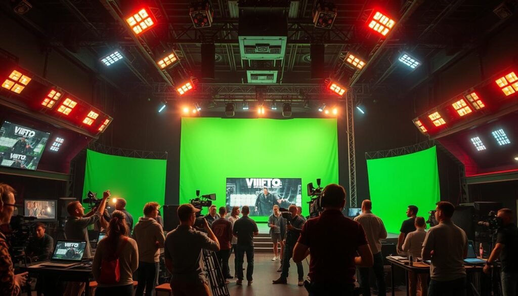 A bustling movie set, illuminated by vibrant stage lights and cinematic camera angles. In the foreground, a team of VFX artists meticulously craft digital elements, blending seamlessly with live-action footage. Towering green screens in the middle ground serve as the canvas for their technical wizardry, while behind them, a glimpse of the director's vision unfolds on a large monitor. The atmosphere is one of intense focus and collaborative energy, as the VFX team pushes the boundaries of what is visually possible, transforming the ordinary into the extraordinary on the silver screen.