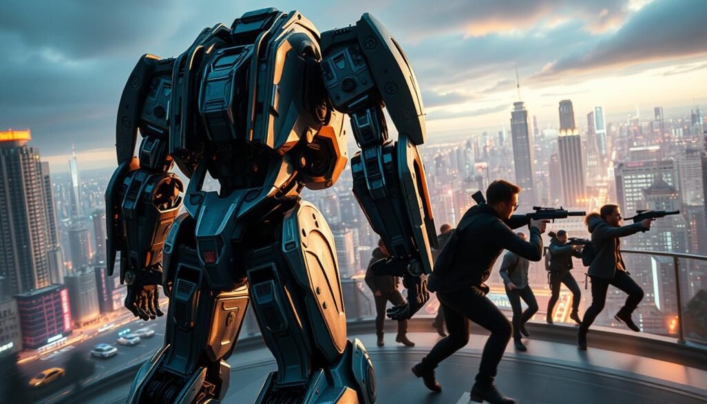 A cinematic scene showcasing the power of computer-generated imagery (CGI) in modern filmmaking. In the foreground, a towering mecha-suit stands tall, its intricate mechanical design and gleaming metallic finish a testament to the artistry of VFX artists. In the middle ground, a group of actors engage in a dynamic action sequence, their movements seamlessly integrated with the digital environment. The background depicts a sprawling futuristic cityscape, its skyscrapers and neon-lit streets a canvas for the directors' vision. The lighting is dramatic, with bold contrasts and vibrant hues that evoke the high-stakes intensity of a blockbuster film. The camera angle is strategic, capturing the scale and spectacle of the scene in a sweeping, cinematic composition.