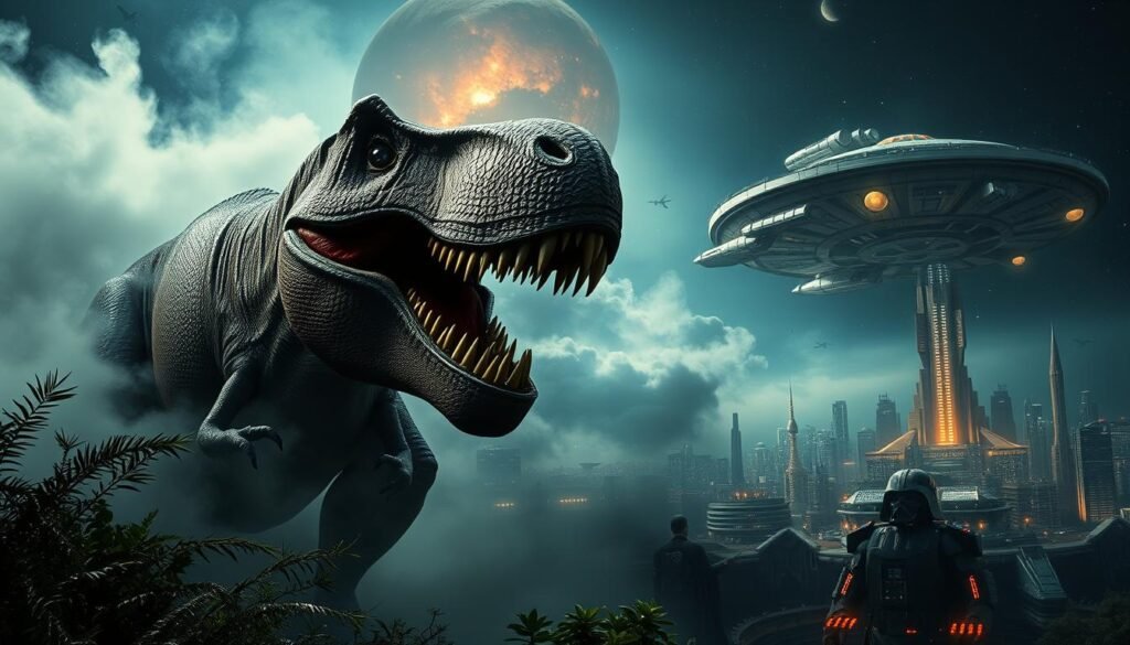 A cinematic tableau of iconic VFX moments from film history. In the foreground, a towering Tyrannosaurus rex roars, its massive jaws agape, surrounded by swirling mist and prehistoric foliage. In the middle ground, the sleek silhouette of the Millennium Falcon soars through a nebula-streaked night sky, its engines blazing. In the background, a colossal alien spacecraft hovers ominously over a futuristic cityscape, its intricate details and glowing structures rendered in stunning detail. The lighting is dramatic, casting deep shadows and highlights that accentuate the larger-than-life grandeur of these cinematic spectacles. The overall mood is one of awe, wonder, and the boundless creativity of visual effects.