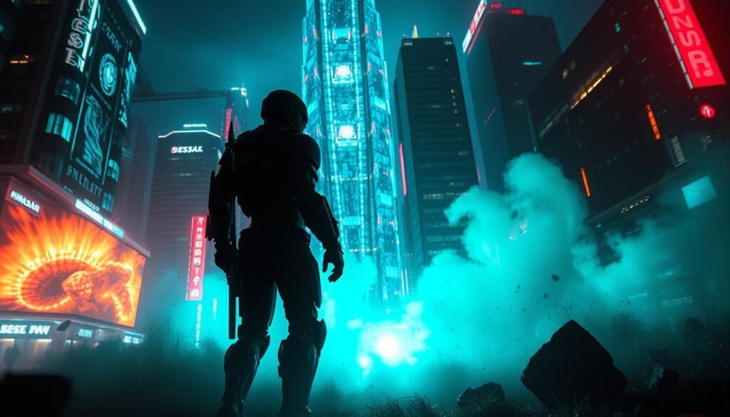 A cinematic visual effects scene with a towering sci-fi cityscape in the background, illuminated by a mesmerizing display of holographic projections, neon lights, and swirling energy fields. In the foreground, a lone cyborg warrior stands amidst a cloud of digital debris, their silhouette backlit by a vibrant, technicolor explosion. The lighting is dramatic, with deep shadows and sharp contrasts, creating a moody, high-stakes atmosphere. The camera angle is low, slightly tilted, lending a sense of scale and grandeur to the scene. The overall composition is dynamic, with a sense of motion and energy that captures the transformative power of visual effects in modern cinema.
