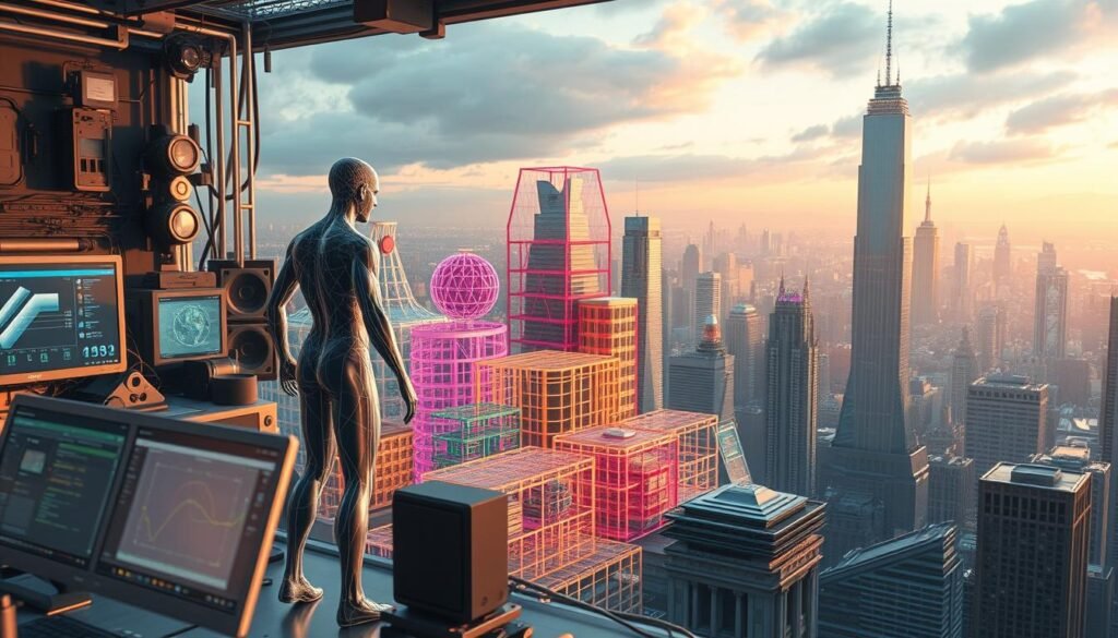 A complex 3D animation scene depicting the process of creating CGI content. In the foreground, a 3D model of a human figure in a dynamic pose, surrounded by various digital tools and interfaces. The middle ground showcases a cluster of colorful 3D wireframe models, with visible geometric shapes and grid patterns. In the background, a futuristic cityscape with gleaming skyscrapers and a vibrant, neon-infused skyline, bathed in warm, diffused lighting. The overall atmosphere conveys a sense of technological sophistication, creative energy, and the seamless integration of digital and physical elements.