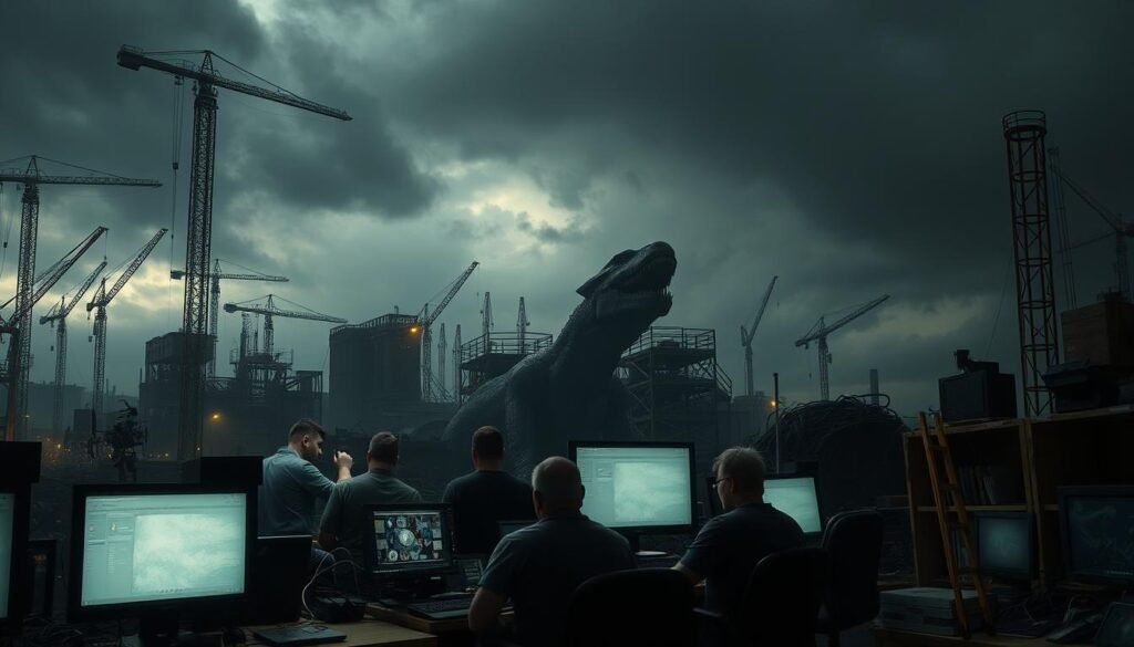 A dark, foreboding industrial landscape, with towering cranes, scaffolding, and partially constructed sets against a stormy sky. In the foreground, a group of weary VFX artists huddle around flickering computer screens, their faces illuminated by the harsh glow of monitors. The middle ground is cluttered with tangled cables, discarded props, and the debris of unfinished projects. In the background, a glimpse of a massive, unfinished CGI creature, its unfinished form a testament to the technical challenges faced by the VFX team. Harsh lighting casts deep shadows, conveying the intensity and stress of the VFX industry's high-pressure environment.