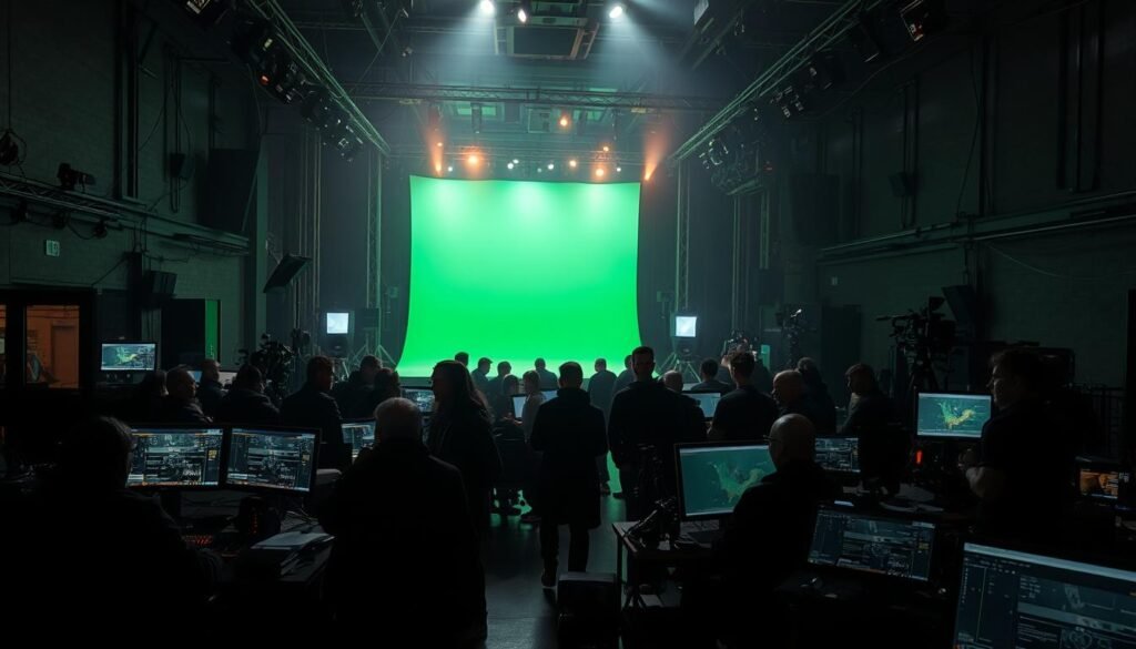 A dimly lit film studio, the air thick with the scent of creativity. In the foreground, a team of VFX artists huddled over their workstations, their screens glowing with intricate layers of digital wizardry. The middle ground showcases a towering green screen, casting an ethereal glow as it awaits its transformative role. In the background, a myriad of cameras, lighting rigs, and sound equipment stand ready to capture the magic. The atmosphere is one of focused intensity, as the artists weave their technical mastery and artistic vision to breathe life into the fantastical worlds of modern cinema.