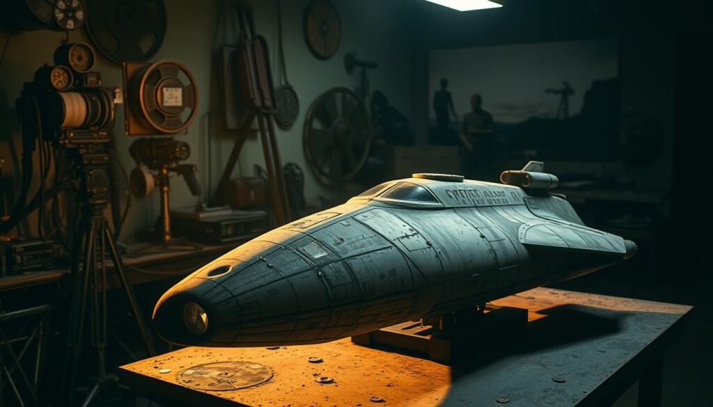 A dimly lit workshop, filled with a clutch of vintage cameras, reels of film, and the remnants of an old-fashioned special effects setup. In the foreground, a battered, well-used model of a futuristic spacecraft sits on a workbench, its surface marred by the scars of past productions. Soft, warm lighting casts long shadows, conveying a sense of nostalgia and the bygone era of practical visual effects. The background is hazy, with a faint outline of a painted backdrop, hinting at the imaginative worlds once brought to life through the skilled hands of pioneering filmmakers.