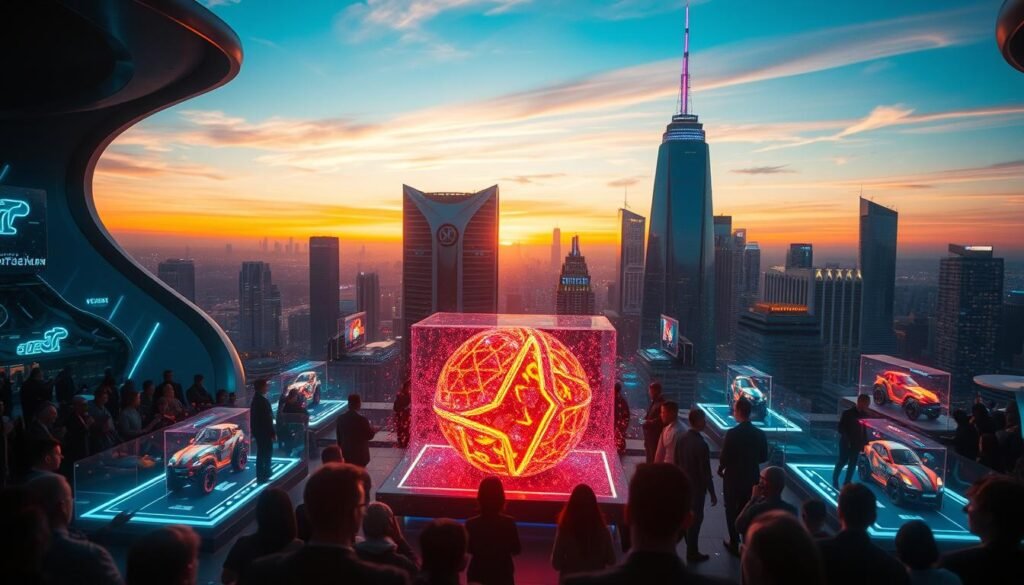A dynamic VFX-driven advertising campaign unfolds before a captivated audience. In the foreground, a vibrant 3D product showcase dazzles with cinematic lighting, intricate particle effects, and seamless motion graphics. In the middle ground, a sleek, high-tech environment provides the perfect backdrop, with holographic displays and futuristic architecture. The background features a sweeping cityscape, its skyline punctuated by towering skyscrapers and a stunning sunset sky, creating an immersive, visually stunning narrative. This integrated VFX masterpiece captivates the senses, elevating the brand's message and leaving a lasting impression.