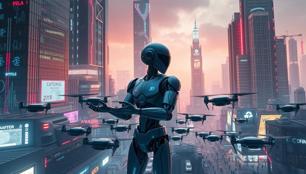A dystopian future cityscape, bathed in a neon-tinged glow. Towering skyscrapers of gleaming metal and glass, their facades adorned with holographic displays and cascading data streams. In the foreground, a lone android engineer, intricately detailed, stands amidst a whirlwind of holographic projections, manipulating virtual models with fluid, precise gestures. The middle ground is filled with a swarm of advanced camera drones, their sleek forms capturing every nuance of the scene. The background is dominated by a vast, sprawling metropolis, its streets and alleyways alive with the movement of futuristic vehicles and pedestrians. The entire composition exudes a sense of technological wonder and innovation, hinting at the boundless possibilities of VFX in the cinematic landscapes of tomorrow.
