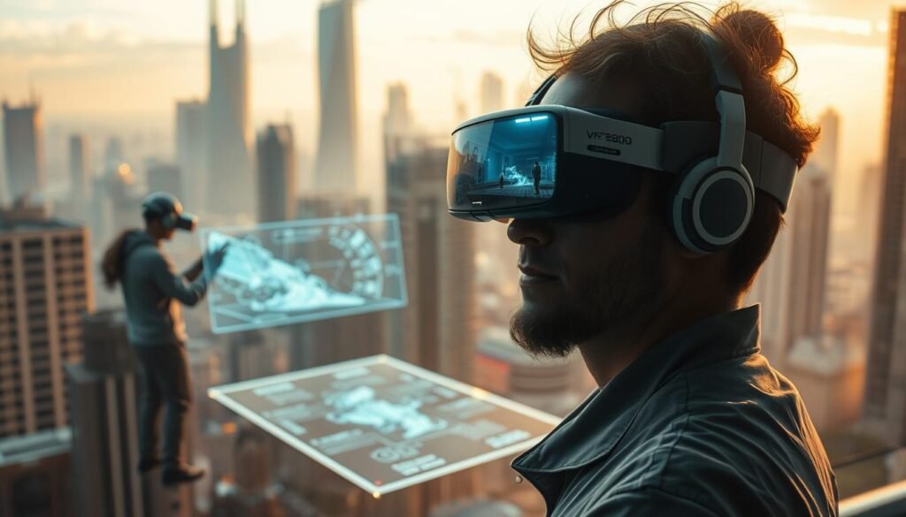 A futuristic cityscape bathed in a warm, ethereal glow. In the foreground, a researcher wearing augmented reality glasses overlays digital schematics and models onto the physical environment, seamlessly integrating virtual elements with the real world. Behind them, a team of VFX artists collaborate using a holographic interface, manipulating 3D assets and simulations. In the background, towering skyscrapers and advanced infrastructure suggest a vision of tomorrow where augmented reality has become an integral part of visual effects and filmmaking. Soft, directional lighting casts dramatic shadows, heightening the sense of depth and technological sophistication. The overall mood is one of wonder, innovation, and the boundless possibilities of merging the digital and physical realms.