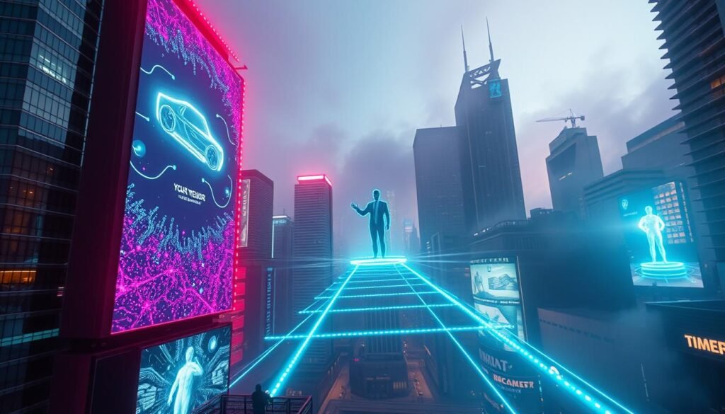 A futuristic cityscape bathed in neon hues, where holographic advertisements dance across the sky, captivating passersby with their mesmerizing visuals. In the foreground, a towering digital billboard showcases a sleek, luminous product presentation, its light patterns and particle effects reflecting off the gleaming surfaces of the surrounding high-rise buildings. In the middle ground, a network of luminescent pathways guide the eye towards a central hub, where a holographic figure gestures dramatically, highlighting the immersive nature of this cutting-edge advertising experience. The background is shrouded in a moody, atmospheric haze, creating a sense of depth and adding to the futuristic ambiance. Cinematic lighting and a dynamic camera angle heighten the sense of immersion, drawing the viewer into this captivating vision of the future of digital advertising.