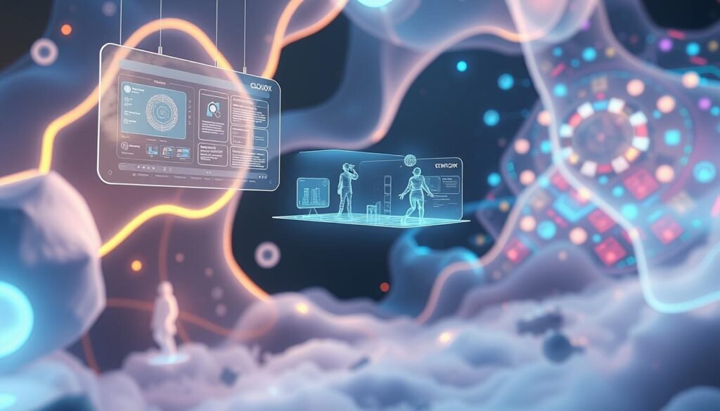 A futuristic digital landscape, where sleek, cloud-based VFX tools float ethereally against a backdrop of glowing, abstract shapes. In the foreground, a transparent interface hovers, its intuitive controls and visualization panels radiating a soft, neon-like glow. In the middle ground, holographic models and 3D assets dance and morph, their movements enhanced by real-time rendering and collaborative workflows. The distant background is a kaleidoscope of vibrant, ever-changing data visualizations, hinting at the seamless integration of the cloud-based ecosystem. Diffused lighting casts a dreamlike ambiance, while the overall composition conveys a sense of effortless, cutting-edge innovation in the world of visual effects.