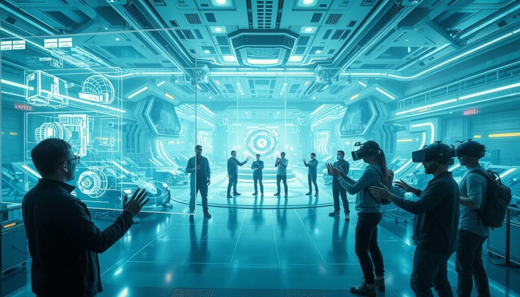 A futuristic sci-fi scene showcasing the convergence of visual effects with other disciplines. In the foreground, a holographic interface displays 3D models of mechanical components, with digital architects and engineers collaborating in real-time. In the middle ground, a team of VFX artists manipulate virtual assets using gesture-based controls, their movements captured by motion-tracking cameras. In the background, a vast virtual environment filled with dynamic lighting, simulated physics, and photorealistic textures serves as the canvas for their creative vision. The scene is bathed in a cool, neon-infused palette, evoking a sense of technological advancement and cross-industry synergy.