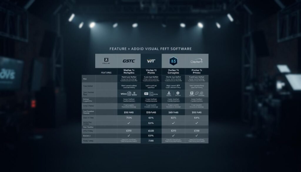 A high-contrast digital comparison chart displaying side-by-side features and pricing details for leading visual effects software. The chart is set against a dark, moody studio backdrop, with dramatic lighting and shadows casting an artistic, cinematic atmosphere. The foreground features sleek, minimalist icons and infographic elements in a crisp, high-resolution layout. The middle ground showcases the software titles, logos, and core capability icons arrayed in a clean, organized fashion. The background is a blurred, out-of-focus environment suggesting a professional VFX production setting, with subtle film grain and technical details adding depth and authenticity.