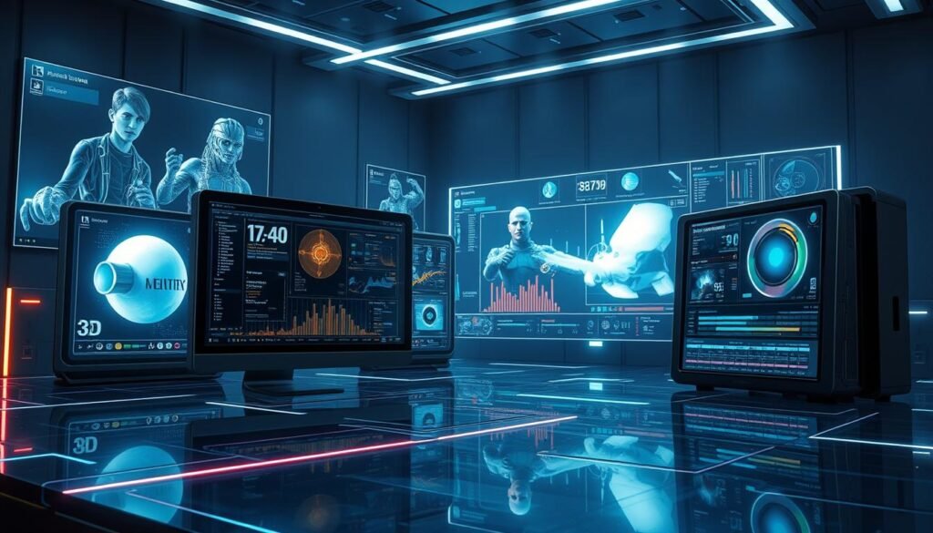 A high-tech VFX software suite, showcasing its cutting-edge features in a sleek, modern interface. Floating windows and panels display advanced 3D modeling tools, real-time compositing, and cinematic color grading controls. Glowing UI elements and dynamic visualizations highlight the software's powerful capabilities. The scene is bathed in a cool, techno-futuristic lighting, creating a sense of precision and innovation. Subtle reflections on the glossy surfaces add depth and atmosphere. The overall composition emphasizes the software's comprehensive toolset for professional visual effects creation.