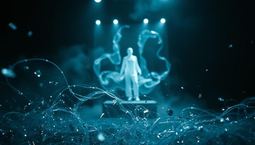 A mysterious and enchanting scene of blended visual effects. In the foreground, a delicate and ethereal energy field shimmers and pulsates, its ethereal tendrils dancing and intertwining with practical elements like shattered glass, metallic fragments, and a swirling mist. In the middle ground, a holographic projection wavers and flickers, its ghostly form merging seamlessly with physical props and set pieces. In the background, a moody and dramatic lighting setup casts deep shadows and highlights the interplay of digital and analog, creating a sense of depth and atmosphere. The overall mood is one of wonder and discovery, where the boundaries between the real and the imagined blur and converge.