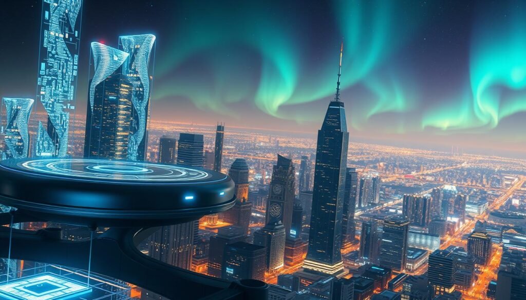 A real-time rendering of a futuristic digital landscape, where dynamic lighting illuminates towering holographic structures that seamlessly blend virtual and physical elements. In the foreground, a sleek, metallic interface hovers, showcasing intricate data visualizations that respond to unseen inputs. The middle ground features a sprawling city skyline, its skyscrapers adorned with shimmering LED displays, casting a warm glow across the scene. In the distant background, a vibrant aurora borealis dances across the night sky, adding an otherworldly ambiance to this vision of technological innovation shaping the future of visual effects.