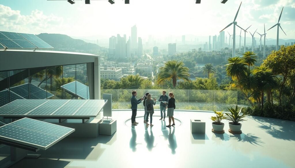 A serene, futuristic landscape showcasing sustainable visual effects production. In the foreground, a sleek, eco-friendly virtual production studio with solar panels and wind turbines powering its operations. Sunlight filters through large windows, illuminating the minimalist, energy-efficient interior. In the middle ground, a team of VFX artists collaborates on a holographic display, using gesture-based interfaces and AI-powered tools to create stunning visuals with minimal environmental impact. In the background, a cityscape of skyscrapers and greenery, a testament to the integration of sustainable practices throughout the industry. The overall atmosphere is one of innovation, efficiency, and a deep respect for the planet.