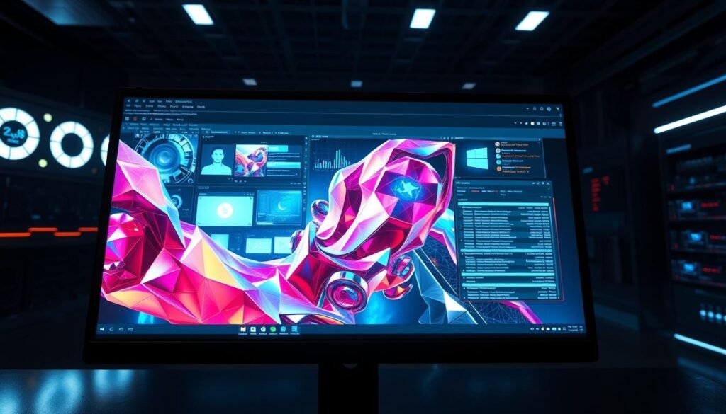 A sleek, futuristic computer display, its screen filled with abstract, dynamic CGI visuals. The foreground showcases a vibrant, polygonal 3D model, its shimmering surfaces and intricate geometry hinting at the depth and complexity of computer-generated imagery. The middle ground features various digital tools, windows, and interface elements, suggesting the technical processes behind CGI creation. In the background, a dimly lit, high-tech environment with glowing panels and lines of code, creating a sense of the powerful hardware and software powering this digital artform. Dramatic, dynamic lighting casts dramatic shadows, enhancing the sense of depth and dimensionality. An image that captures the essence of CGI and its vital role in modern visual effects.