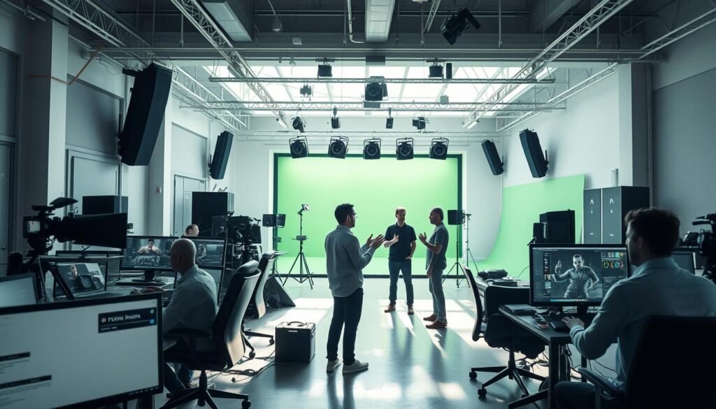A sleek, modern VFX studio filled with state-of-the-art equipment and talented artists collaborating on the latest commercial project. The bright, airy workspace features high ceilings, floor-to-ceiling windows, and a minimalist design aesthetic. In the foreground, a team of compositors and 3D modelers are intently focused on their computer screens, refining intricate visual effects. In the middle ground, the studio director oversees the project, gesturing animatedly as they discuss ideas with the creative director. The background showcases a vast greenscreen stage, ready to capture live-action footage that will be seamlessly integrated with the digital elements. Soft, directional lighting casts dramatic shadows, setting an atmosphere of creativity and technical precision.