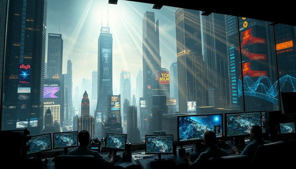 A sprawling futuristic cityscape, its towering skyscrapers and holographic displays illuminating the night sky. In the foreground, a team of visual effects artists work meticulously, their screens displaying intricate 3D models, particle effects, and virtual cameras. Cascading beams of light filter through the windows, casting dramatic shadows and highlights across the scene. The atmosphere is one of technological wonder and creative innovation, hinting at the boundless possibilities of visual effects in the years to come.