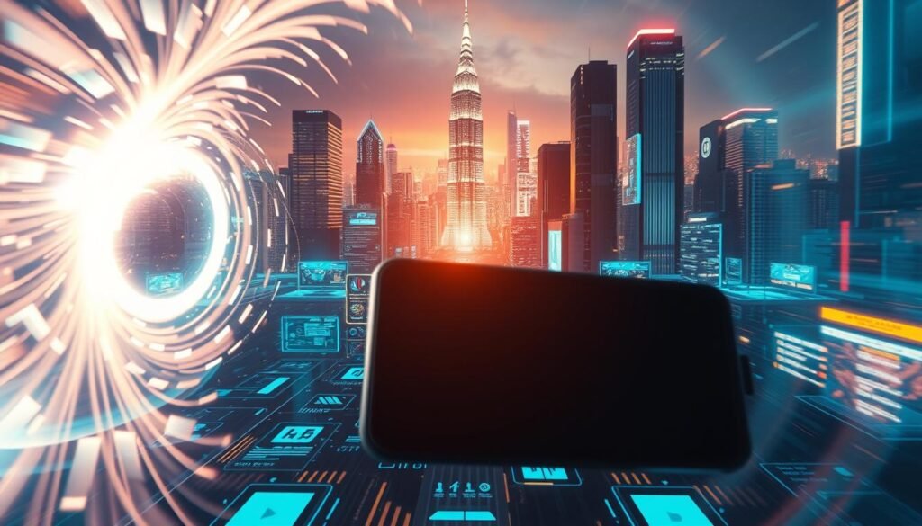 A stunning visual effects scene showcasing the power of digital advertising. In the foreground, a sleek and modern product emerges from a swirling vortex of light and energy, capturing the viewer's attention. The middle ground features a dynamic array of holographic interfaces and animated graphics, demonstrating the interactive and immersive potential of VFX in advertising. In the background, a futuristic cityscape provides an awe-inspiring backdrop, with towering skyscrapers and vibrant neon lights that evoke a sense of technological advancement. Cinematic lighting and a dramatic camera angle heighten the sense of scale and grandeur, leaving the audience captivated by the captivating display of VFX mastery.