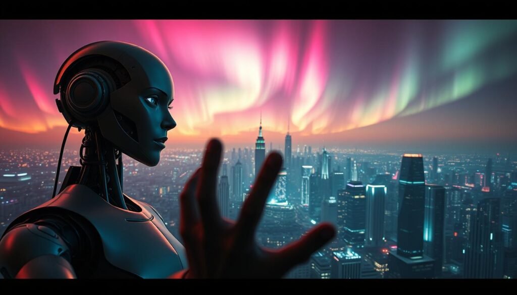 A surreal and cinematic scene depicting the impact of AI on visual effects. In the foreground, a lifelike android manipulates digital visuals with fluid hand gestures, its gaze intense and concentrated. Behind it, a vast futuristic cityscape stretches into the distance, skyscrapers and holograms illuminated by a moody neon glow. The sky is streaked with vivid aurora-like lights, casting an otherworldly ambiance. The camera angle is low, creating a sense of awe and grandeur, as if capturing a visionary glimpse into the AI-powered future of visual effects.
