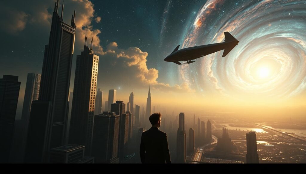 A sweeping cinematic shot showcasing the seamless integration of computer-generated imagery and live-action footage. In the foreground, a futuristic cityscape with towering skyscrapers and sleek hovercraft gliding effortlessly through the air. The middle ground features a lone protagonist, their face partially obscured, standing in awe of the technological marvels unfolding around them. In the background, a breathtaking interstellar landscape, with swirling galaxies and nebulae painting the sky in a mesmerizing display of color and light. Dramatic chiaroscuro lighting casts dramatic shadows, heightening the sense of drama and immersion. The overall atmosphere is one of wonder, imagination, and the boundless possibilities of CGI in elevating the art of cinematic storytelling.