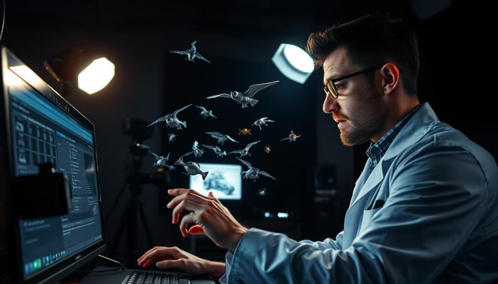 A talented visual effects artist, clad in a stylish lab coat, intently focuses on a computer screen, their fingers deftly manipulating advanced digital tools. The dimly lit studio is filled with an array of high-tech equipment, cameras, and a collection of fantastical 3D models hovering in the air. Dramatic shadows cast by a single overhead light create a moody, cinematic atmosphere, hinting at the meticulous process behind the creation of breathtaking visual effects. The artist's expression exudes a sense of concentration and creativity, as they bring their imaginative vision to life through the interplay of light, technology, and artistic skill.