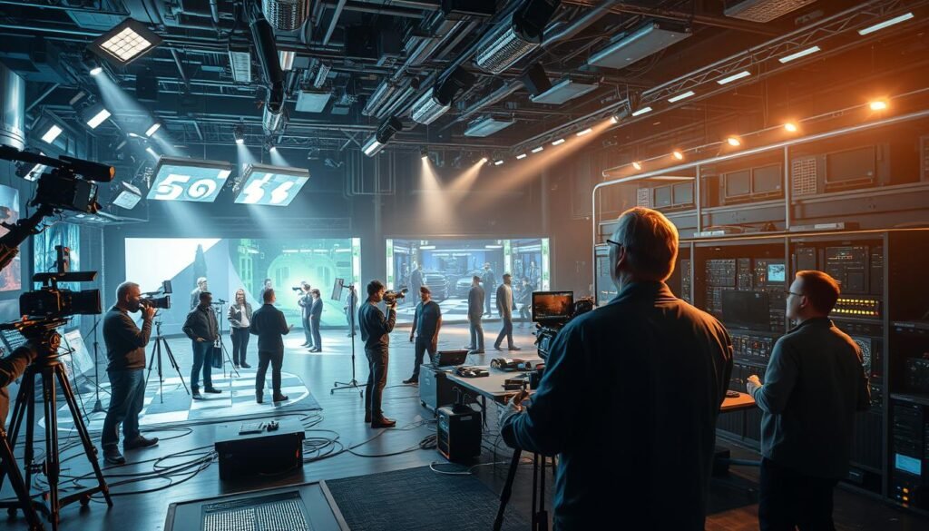 A technologically advanced film set with a futuristic, high-tech aesthetic. In the foreground, a director oversees the filming of a complex visual effects sequence, surrounded by a talented crew operating advanced camera rigs, digital compositing stations, and holographic projection displays. The middle ground features a mix of practical and virtual sets, with actors performing against green screens and motion capture suits. In the background, a sprawling network of servers, render farms, and cutting-edge virtual production tools come together to create the breathtaking visual effects that captivate audiences. Dramatic lighting, dynamic camera angles, and a sense of creative energy permeate the scene, showcasing the evolution of VFX in modern cinema.