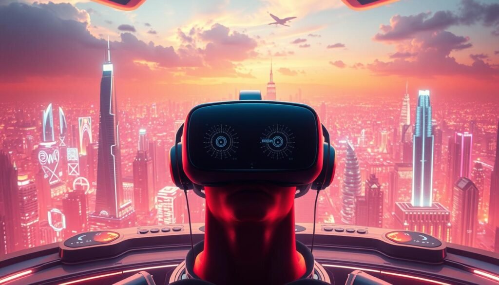 A vast, boundless virtual realm, the future of entertainment. In the foreground, a sleek, immersive headset beckons the user, its sleek design and advanced displays promising a seamless, captivating experience. The middle ground features a futuristic control interface, with holographic displays and intuitive controls, allowing the user to navigate this digital landscape. The background depicts a sprawling, otherworldly cityscape, with towering holographic skyscrapers and a vibrant, neon-tinged skyline, bathed in a warm, ethereal glow. The scene conveys a sense of limitless possibilities, where technology and creativity converge to redefine the boundaries of entertainment.