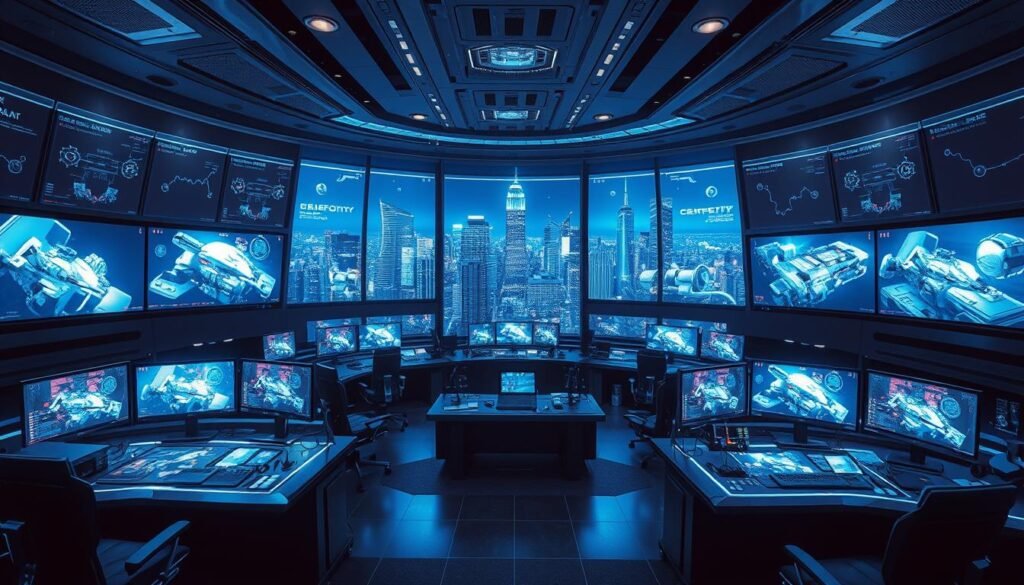 A vast, futuristic command center filled with state-of-the-art VFX software interfaces. Sleek workstations and holographic displays bathed in cool, blue-tinted lighting. Complex 3D models, particle simulations, and visual effects tools are showcased in an immersive, high-tech environment. The scene conveys a sense of innovation, efficiency, and the cutting edge of visual effects technology. A large, panoramic window in the background offers a view of a bustling, hyper-modern city skyline, hinting at the software's widespread use in the VFX industry.