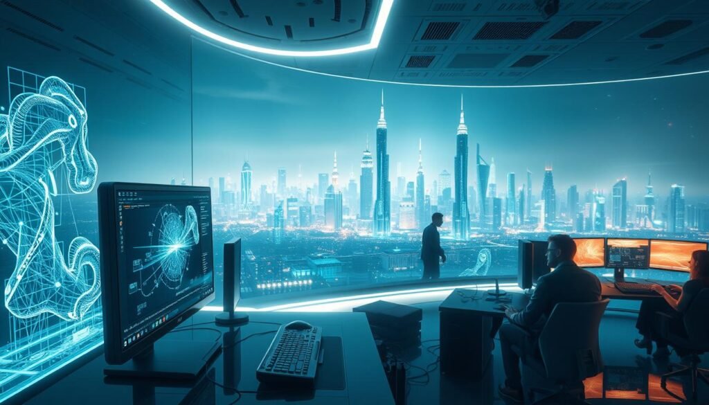 A vast, ultramodern digital landscape, lit by the ethereal glow of computer displays. In the foreground, a sleek, futuristic desktop workstation, its screens displaying intricate 3D wireframes, particle simulations, and dynamic visual effects. The middle ground features a team of digital artists, their faces illuminated by the soft light of their workstations, meticulously crafting and refining the digital imagery. In the background, a panoramic view of a futuristic city skyline, with towering skyscrapers and glowing holograms, symbolizing the technological advancements that have transformed the visual effects industry. The overall atmosphere is one of innovation, creativity, and the seamless integration of technology and art.