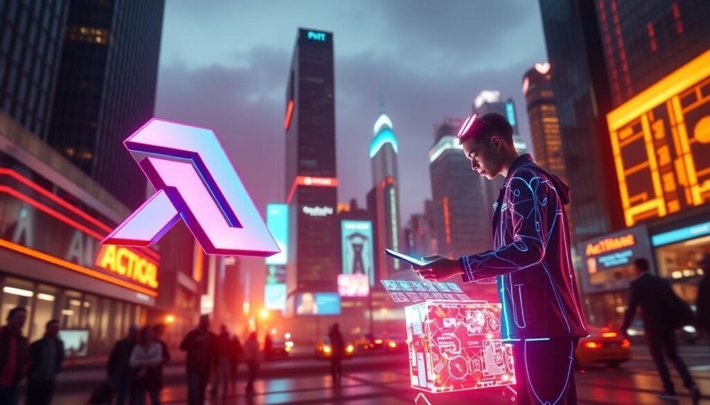 A vibrant, cinematic scene of visual effects enhancing a dynamic brand story. In the foreground, a captivating 3D logo animation hovers, its sleek lines and vivid colors commanding attention. In the middle ground, a seamless blend of live-action footage and striking digital elements - a model interacting with holographic interfaces, product shots infused with dazzling energy. The background features a futuristic cityscape, with skyscrapers and neon lights creating an immersive, tech-savvy atmosphere. Lighting is dramatic, with strategic use of hard and soft sources to highlight the various layers. The camera angle is slightly elevated, offering a cinematic perspective that draws the viewer into this visually captivating world.