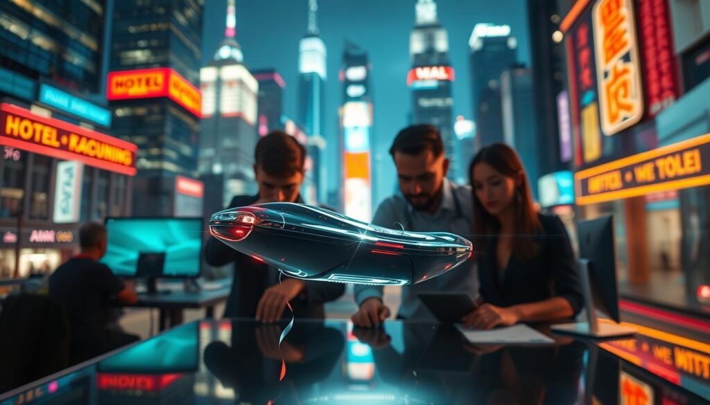 A vibrant, dynamic scene showcasing the versatility of visual effects in digital advertising. In the foreground, a futuristic product hovers, its sleek design enhanced by dazzling light refractions and subtle holographic elements. In the middle ground, a team of creative professionals manipulates virtual 3D assets, their faces illuminated by the glow of computer screens. The background depicts a bustling cityscape, with towering skyscrapers and vibrant neon signs that appear to pulsate with energy, all captured through a cinematic, wide-angle lens. The overall atmosphere conveys a sense of innovation, technological advancement, and the power of visuals to captivate and inspire audiences.