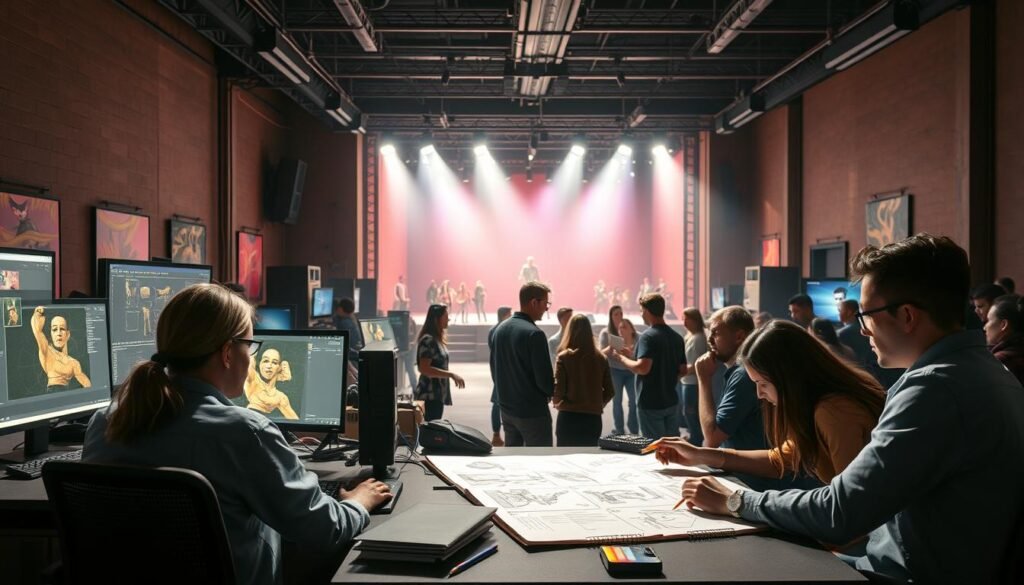 A vibrant scene of a CGI and animation studio, showcasing the diverse careers within the industry. In the foreground, a team of artists huddle around a state-of-the-art workstation, their faces illuminated by the glow of computer screens as they sculpt and animate a 3D character. In the middle ground, a group of animators collaborate on a storyboard, their pencils dancing across the pages as they bring their vision to life. In the background, a towering motion capture stage stands tall, a testament to the advanced technologies that power modern visual effects. Soft, directional lighting casts dramatic shadows, creating a sense of depth and atmosphere. The overall mood is one of creative energy, professionalism, and the boundless possibilities of the CGI and animation fields.