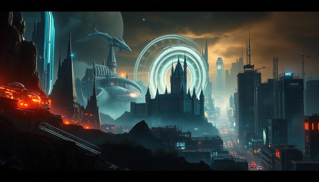 A visually captivating representation of diverse VFX genres, captured in a cinematic style. In the foreground, a striking sci-fi landscape with gleaming futuristic structures and glowing energy fields. In the middle ground, a fantastical medieval realm with towering castles, swirling magical portals, and majestic creatures. In the distant background, a gritty urban cityscape with towering skyscrapers, neon-lit streets, and a hazy, cyberpunk atmosphere. The scene is illuminated by a dramatic, moody lighting, creating deep shadows and highlights that enhance the sense of depth and drama. The overall composition conveys the evolution and versatility of visual effects, from practical to digital, across various cinematic genres.