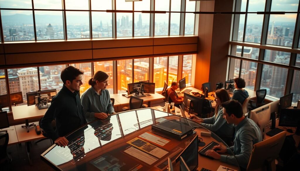 An elegant and modern VFX software community workspace, bathed in warm, diffused lighting from large windows. In the foreground, a group of creatives collaborating around a sleek, curved touchscreen interface, their faces alight with inspiration. In the middle ground, rows of ergonomic desks and workstations, each occupied by a focused engineer or artist, deep in their craft. The background reveals a panoramic view of a bustling city skyline, hinting at the global reach and ambition of this vibrant VFX software community. An atmosphere of creativity, innovation, and mutual support permeates the scene.