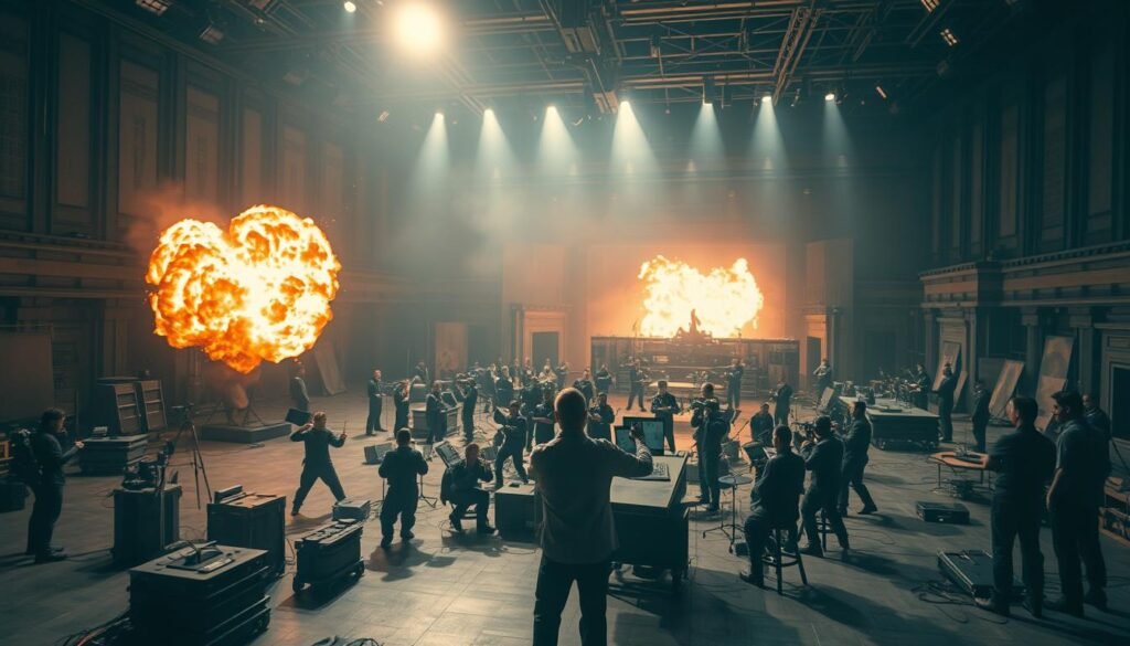 An epic cinematic scene of special effects at the forefront of visual storytelling. In the foreground, a dramatic explosion erupts, illuminating the sky with fiery intensity. In the middle ground, a team of visual effects artists orchestrate a symphony of digital wizardry, utilizing cutting-edge tools and techniques to bring fantastical elements to life. The background reveals a sprawling soundstage, where intricate practical sets and detailed miniatures stand ready to be integrated seamlessly with the digital magic. The lighting is dramatic, casting cinematic shadows and highlighting the depth and scale of the scene. The overall atmosphere is one of awe-inspiring wonder, capturing the transformative power of special effects in shaping the future of cinema.