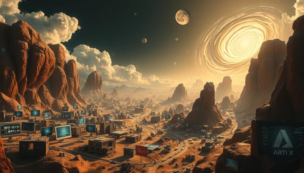 An intricate, evolving landscape depicting the progress of VFX software over time. In the foreground, an array of iconic tools and applications emerge, their interfaces and logos transforming through the ages. The middle ground showcases a timeline of groundbreaking innovations, from early digital compositing to state-of-the-art real-time rendering. In the distant background, a swirling vortex of data and code symbolizes the ever-expanding digital frontier, hinting at the boundless possibilities of the future. Warm, muted tones create a sense of nostalgia, while dynamic lighting and high-contrast details convey the dynamic, ever-changing nature of the VFX industry.