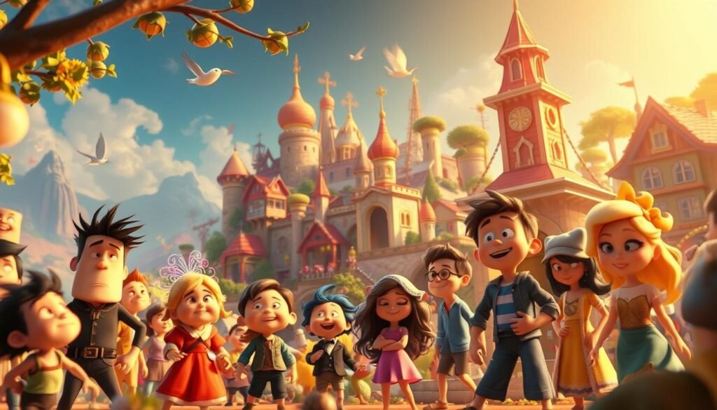Vibrant and whimsical animated film scenes, featuring a lively cast of characters in a rich, fantastical world. The foreground showcases detailed, expressive character designs with dynamic poses, while the middle ground reveals imaginative landscapes, buildings, and environments that blend a mix of 2D and 3D elements. In the background, a soft, dreamlike atmosphere is created through the use of warm lighting, hazy effects, and a color palette that evokes a sense of childlike wonder and creativity. The overall composition captures the essence of the art of animation, where storytelling, character development, and visual aesthetics seamlessly come together to transport the viewer into a realm of pure imagination.