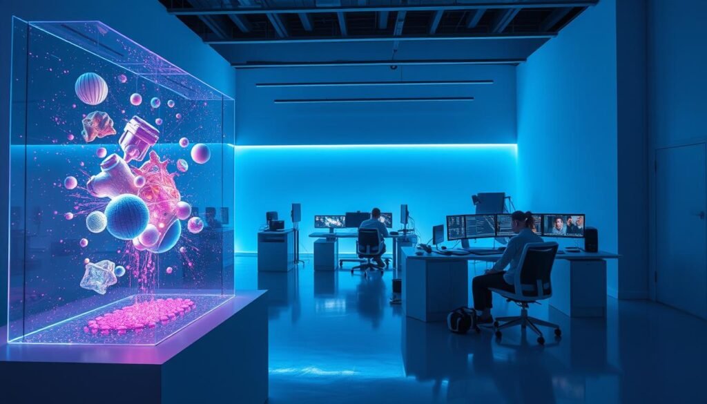 Vivid digital VFX services in a sleek, minimalist studio. A large holographic display in the foreground showcases 3D models, particle effects, and motion graphics. In the middle ground, a team of artists collaborates on high-tech workstations, their screens reflecting the latest advancements in visual effects software. The background is bathed in a cool, blue-tinted lighting, creating a sense of technological sophistication. Smooth, angular surfaces and clean lines dominate the scene, underscoring the precision and efficiency of the digital VFX workflow.